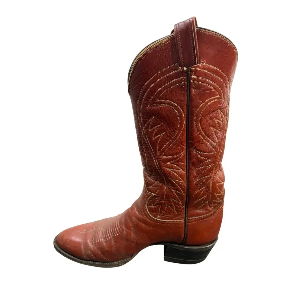 Tony Lama Cowboy Boot Cognac Distressed Leather USA Western Heritage Vintage 9.5
